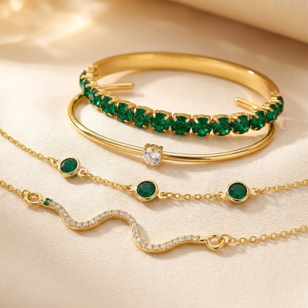 Conjunto de pulseiras de pedras preciosas em ouro
