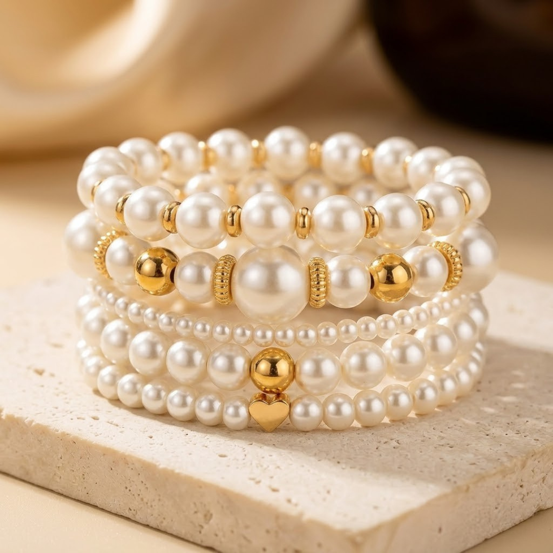 Conjunto de Pulseiras com Pérolas Douradas