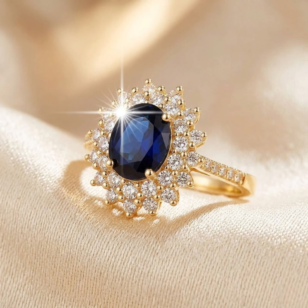 Anel Halo de Ouro com Safira