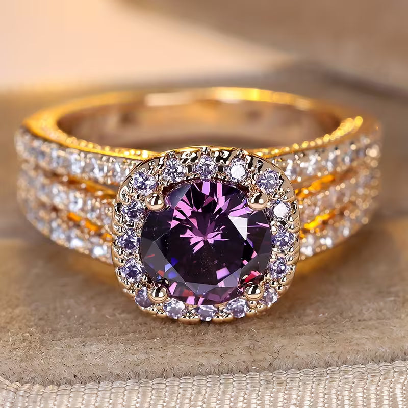 Anel Halo de Ametista em Ouro