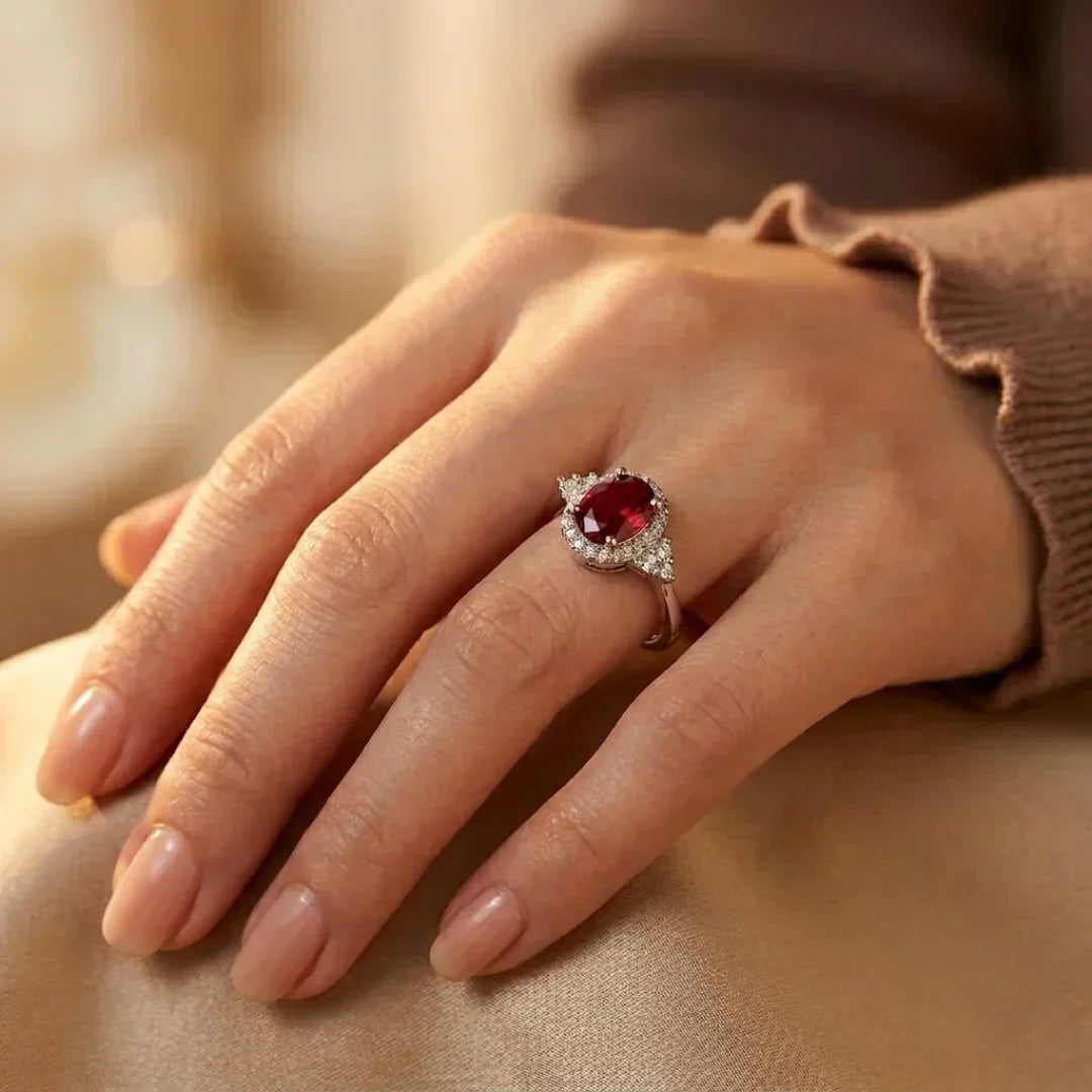 Anel Halo de Prata com Rubis