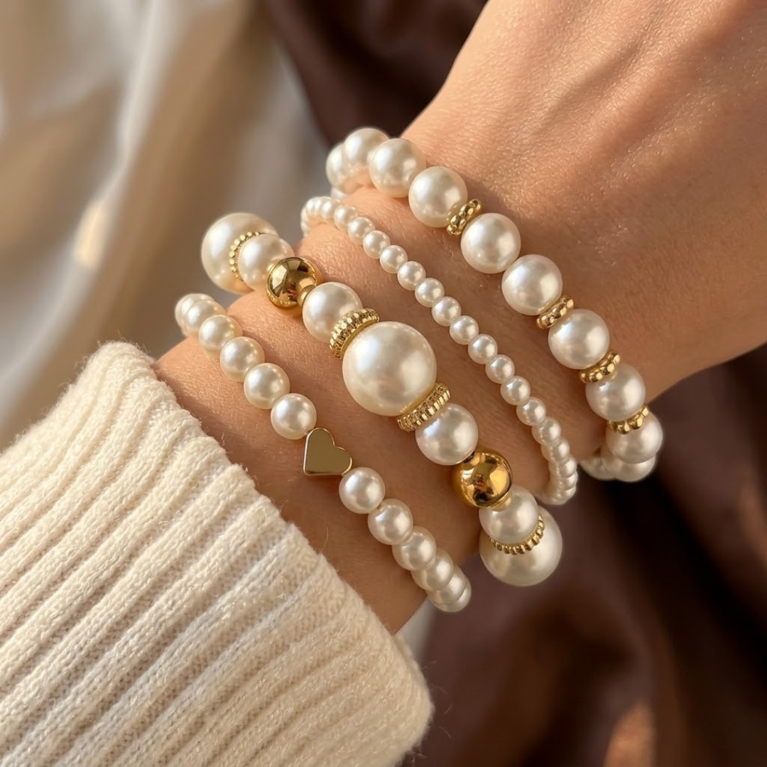 Conjunto de Pulseiras com Pérolas Douradas