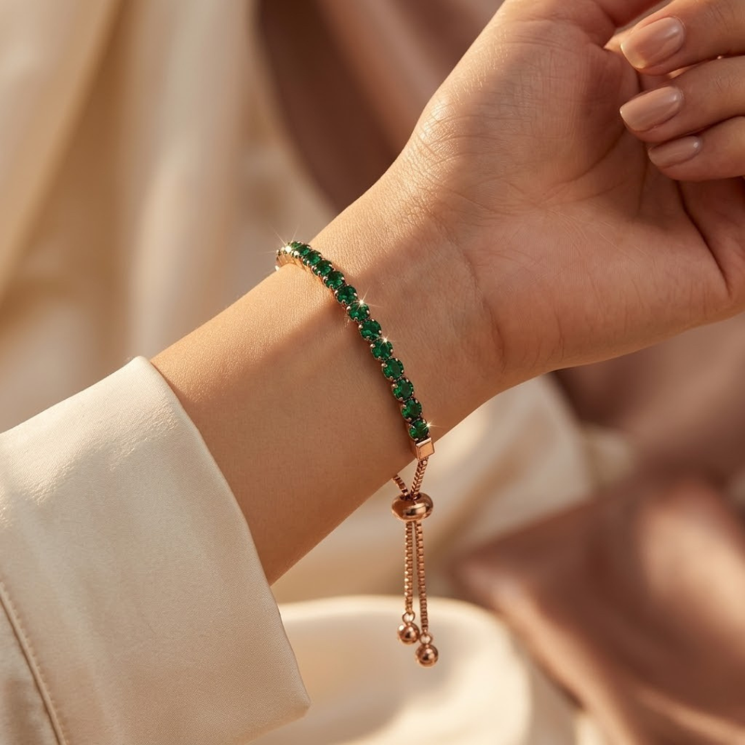 Bracelete de Ténis Ajustável com Esmeralda em Ouro