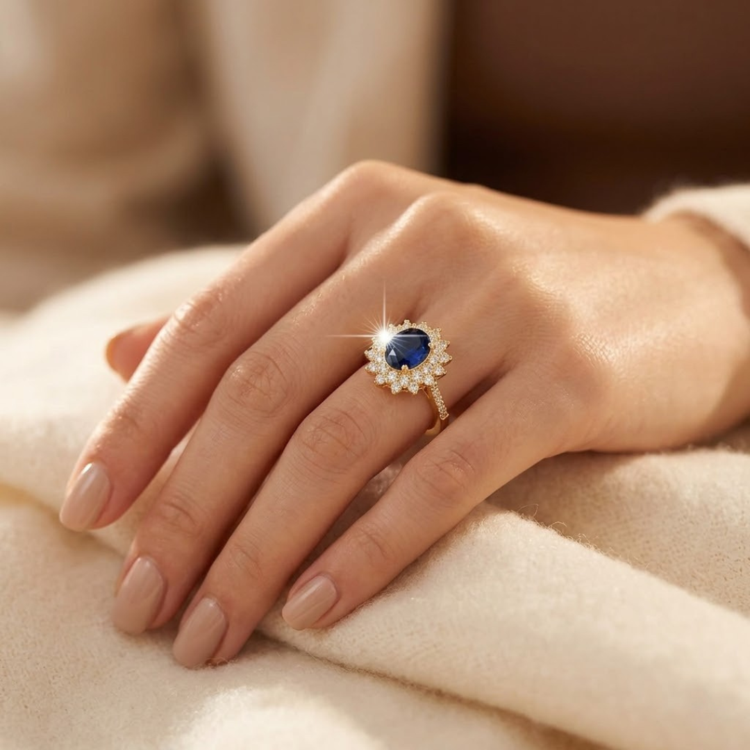 Anel Halo de Ouro com Safira