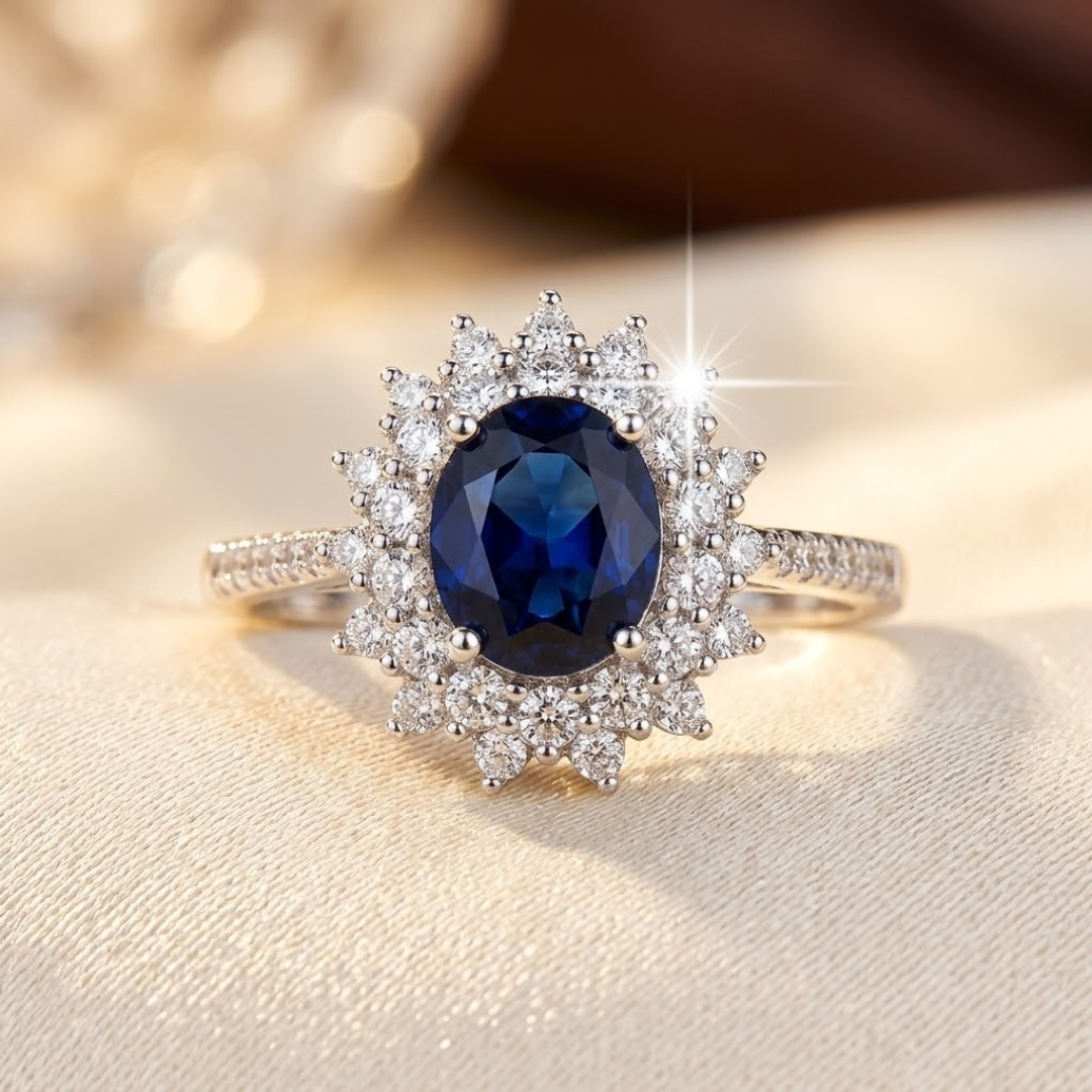 Anel Halo de Ouro com Safira