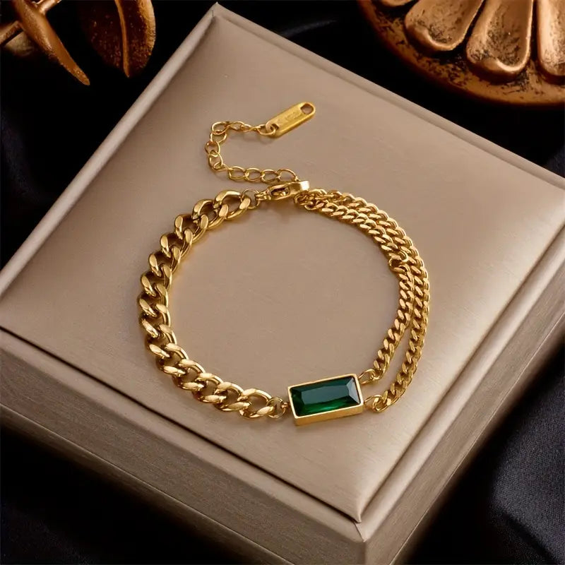 Bracelete de Ouro com Barra e Esmeralda