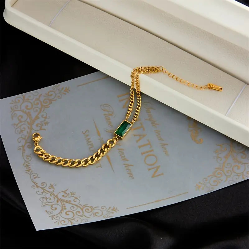 Bracelete de Ouro com Barra e Esmeralda