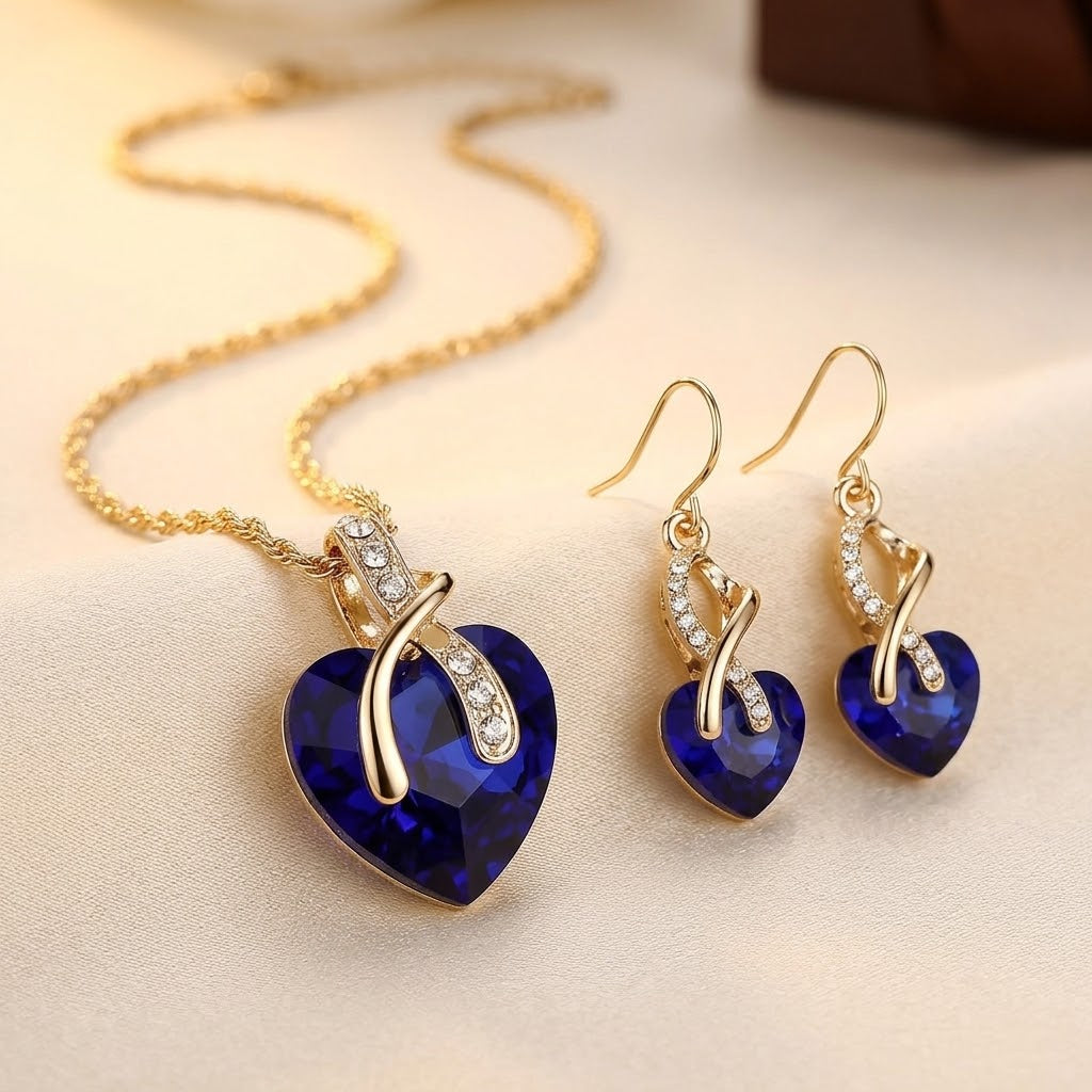 Conjunto de Colar e Brincos com Coração de Safira em Ouro