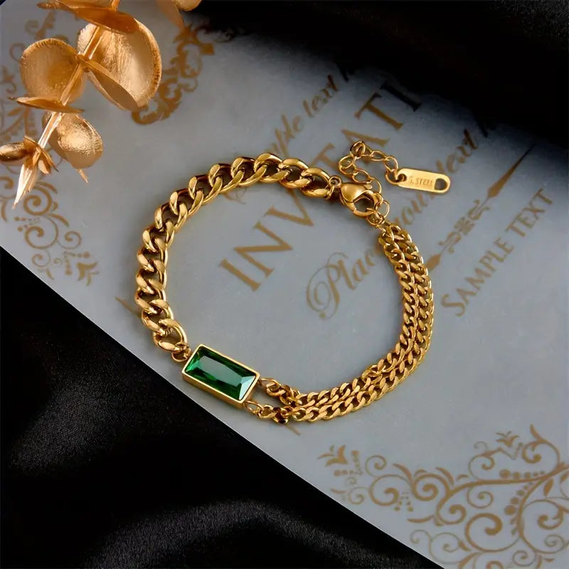 Bracelete de Ouro com Barra e Esmeralda